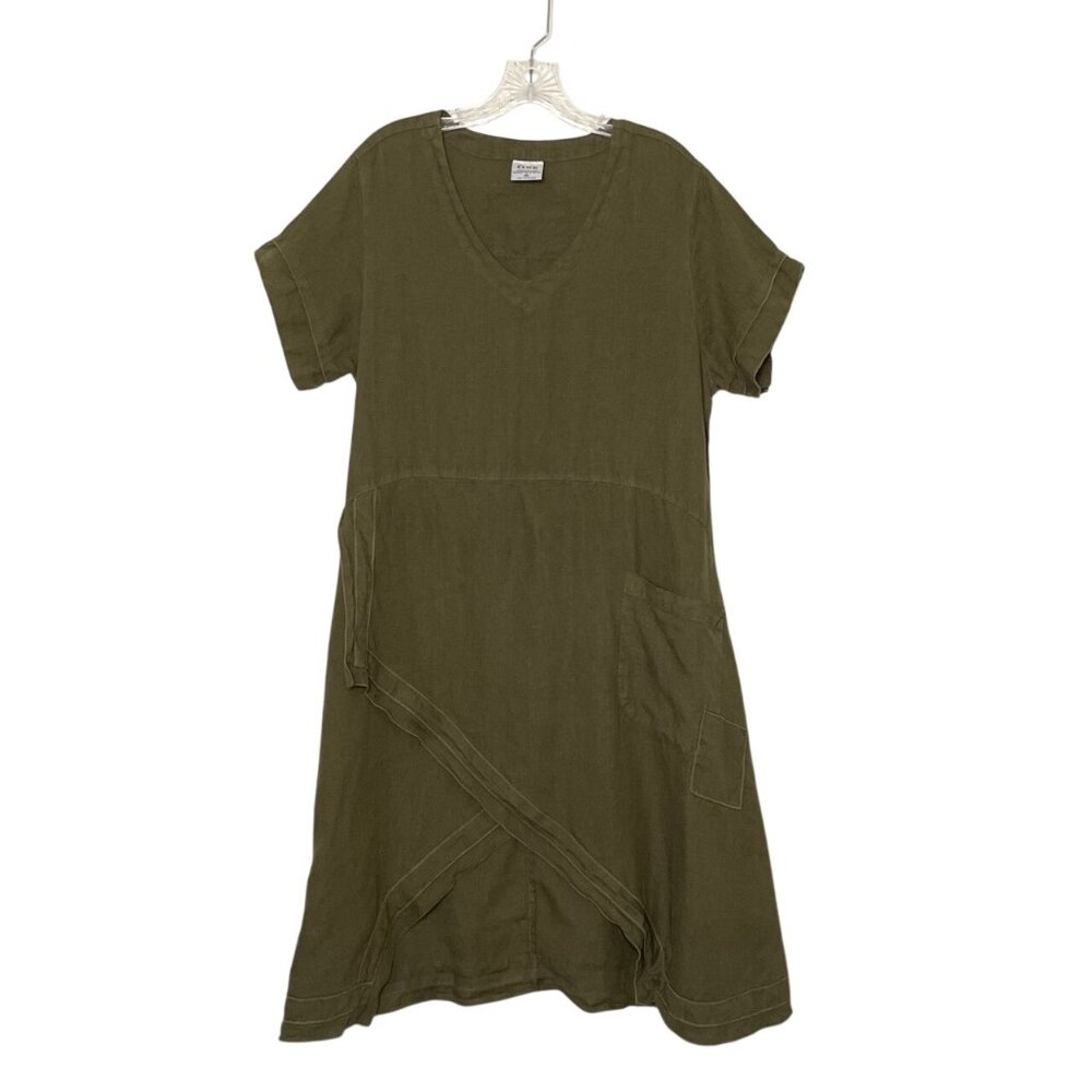 Olive Green Click by Color Me Cotton Linen V-Neck Midi Dress Women's Size XL